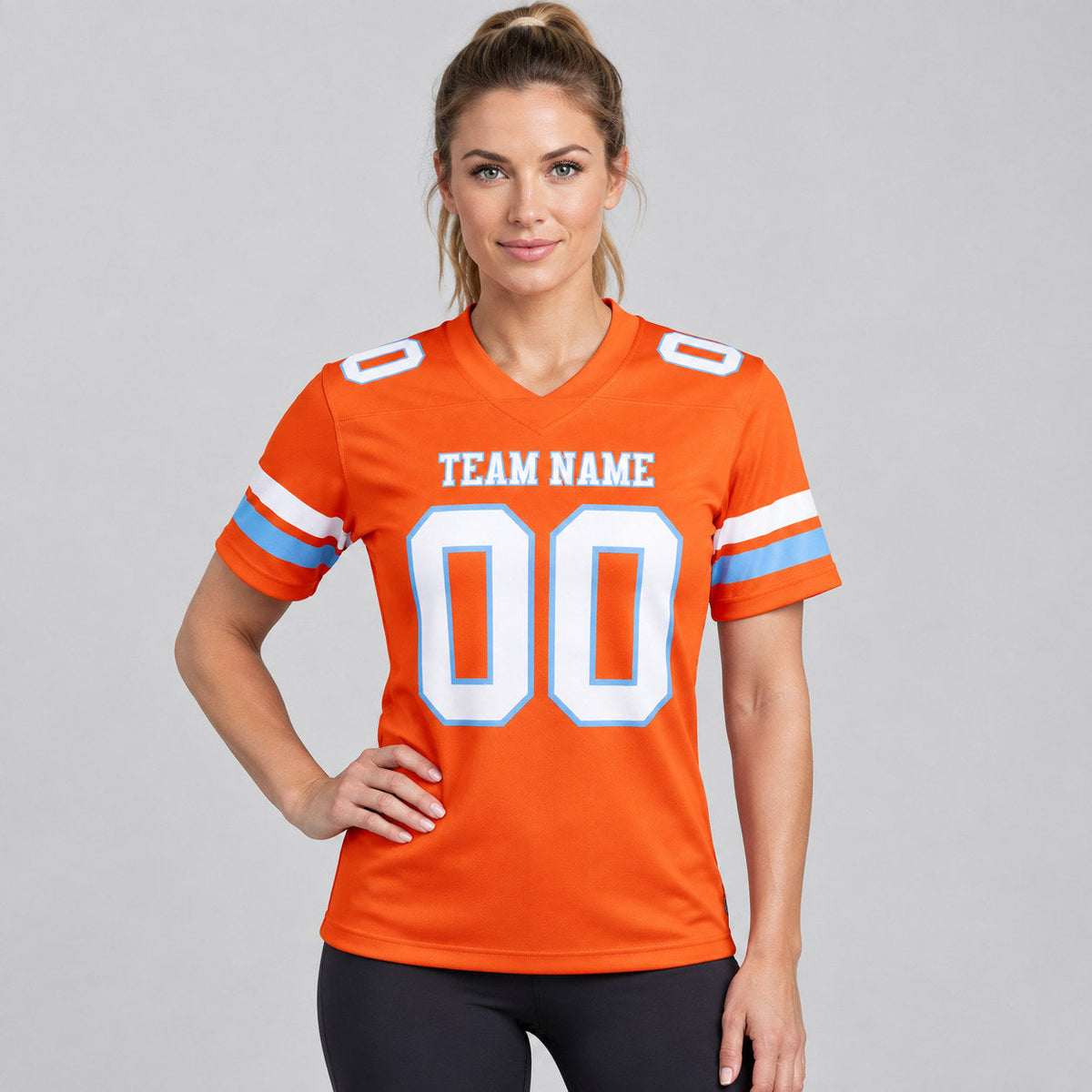 Custom Orange Authentic Football Jersey with White and Light Blue Lettering worn by female model
