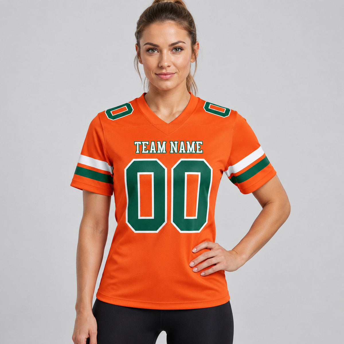 Custom Orange Authentic Football Jersey with Green and White Lettering worn by female model