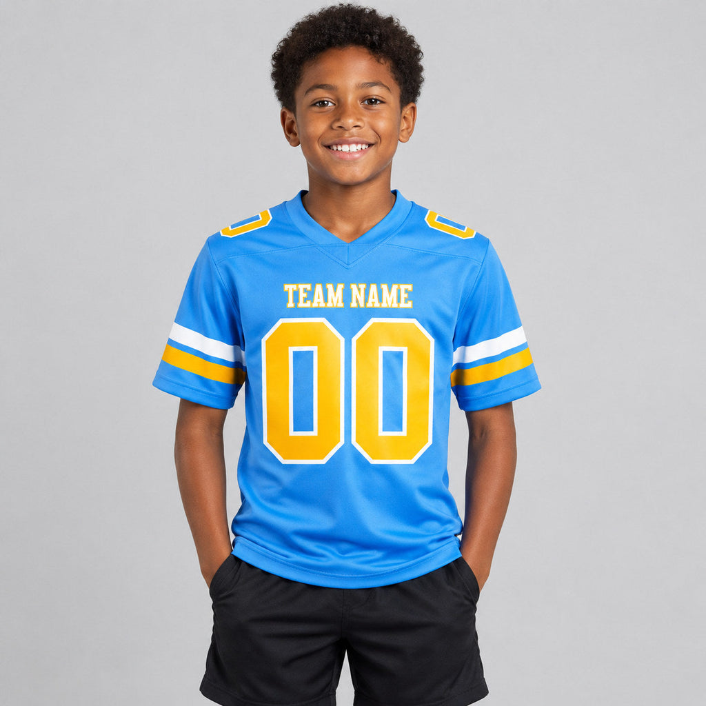Custom Powder Blue Authentic Football Jersey with Gold and White Lettering youth size worn by child model