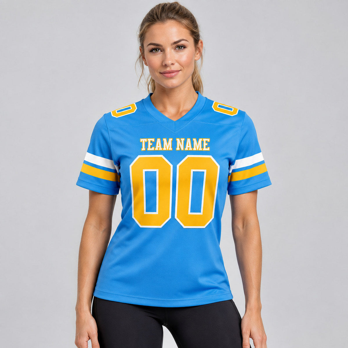 Custom Powder Blue Authentic Football Jersey with Gold and White Lettering worn by female model