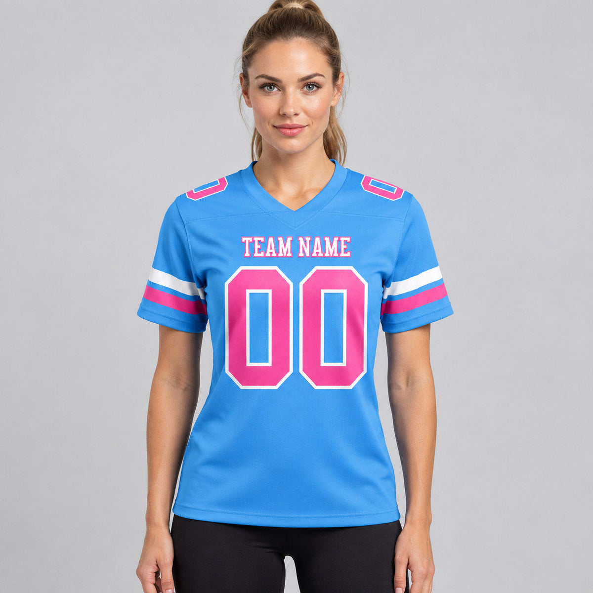 Custom Powder Blue Authentic Football Jersey with Pink and White Lettering worn by female model