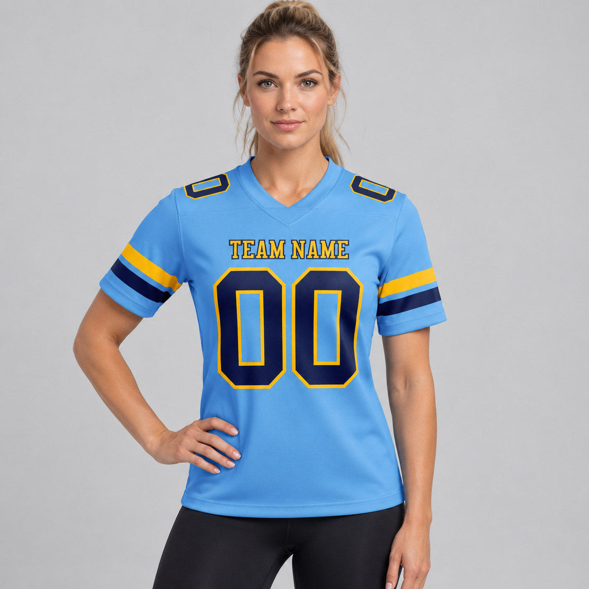 Custom Light Blue Authentic Football Jersey with Navy and Gold Lettering worn by female model