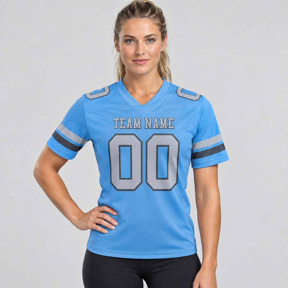Custom Light Blue Authentic Football Jersey with Gray and Steel Gray Lettering worn by female model