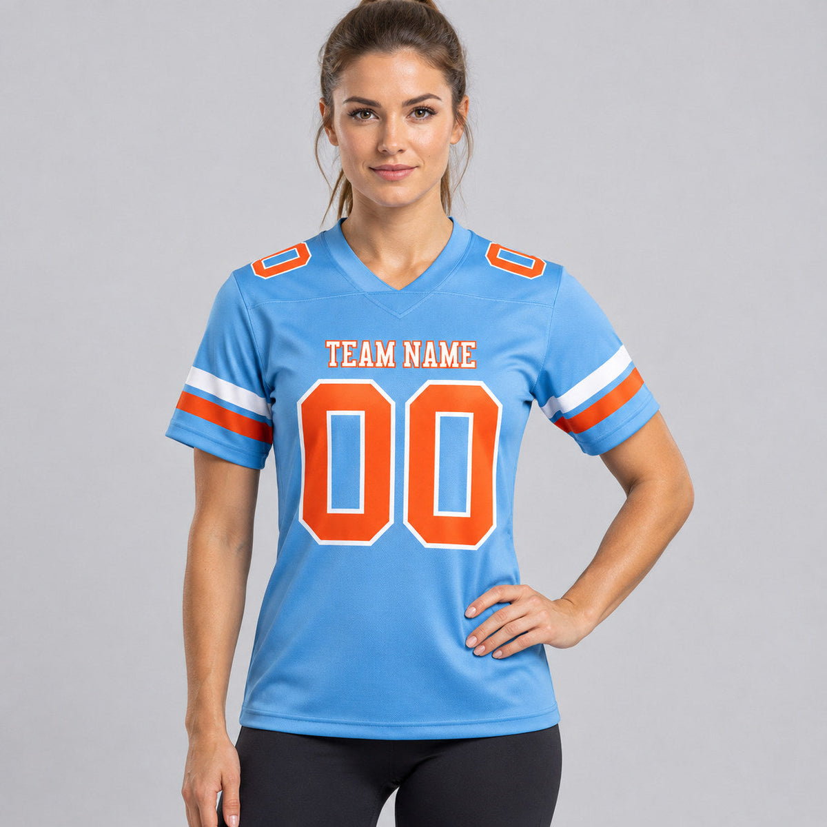 Custom Light Blue Authentic Football Jersey with Orange and White Lettering worn by female model