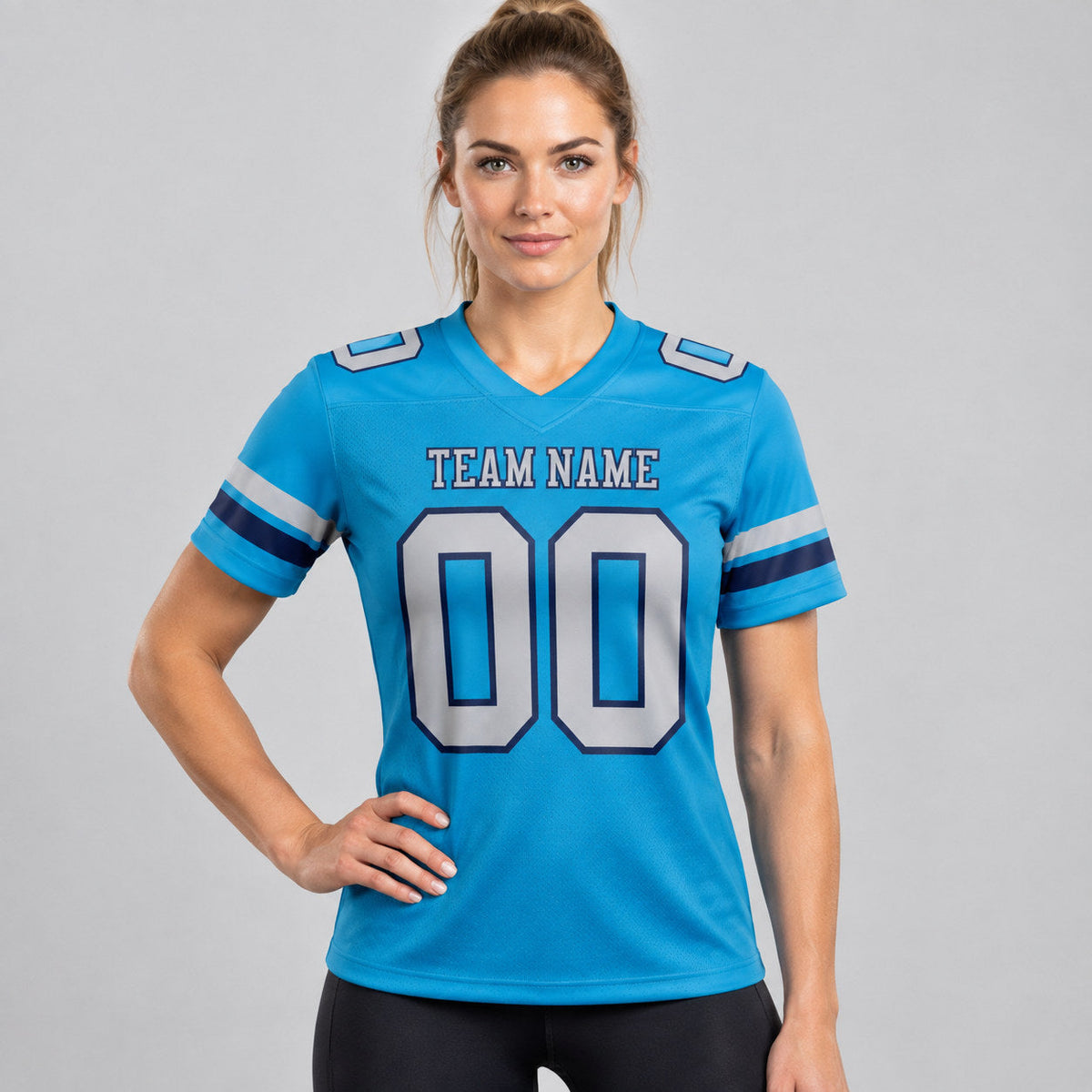 Custom Panther Blue Authentic Football Jersey with Gray and Navy Lettering worn by female model
