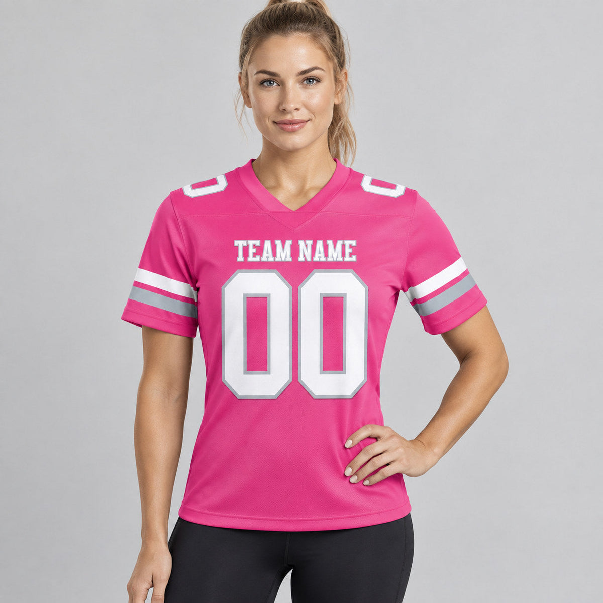 Custom Pink Authentic Football Jersey with White and Gray Lettering worn by female model
