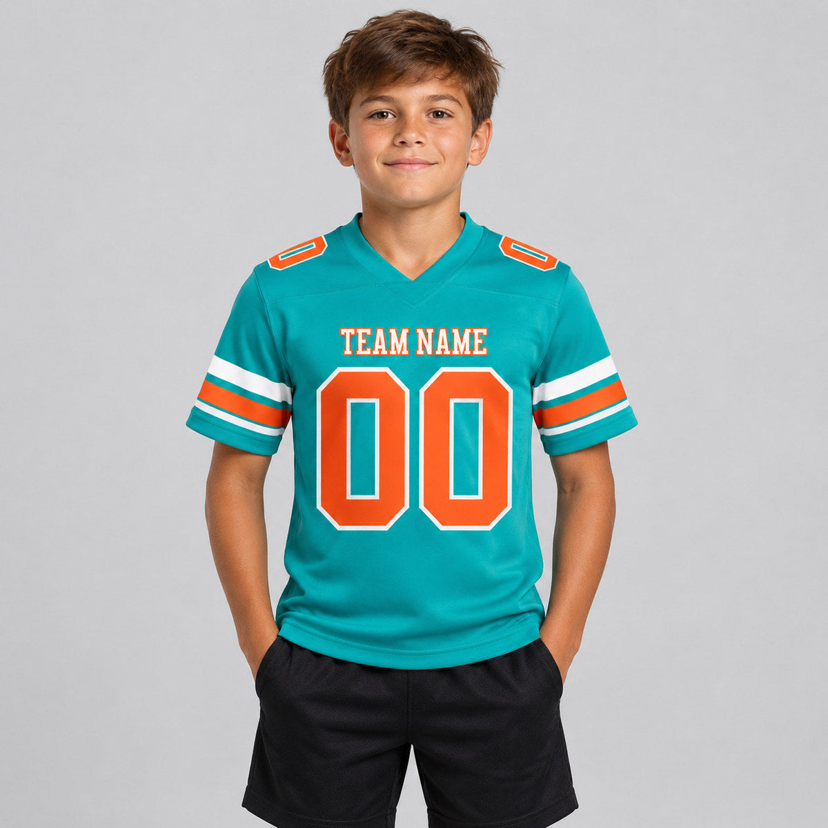 Custom Aqua Authentic Football Jersey with Orange and White Lettering youth size worn by child model