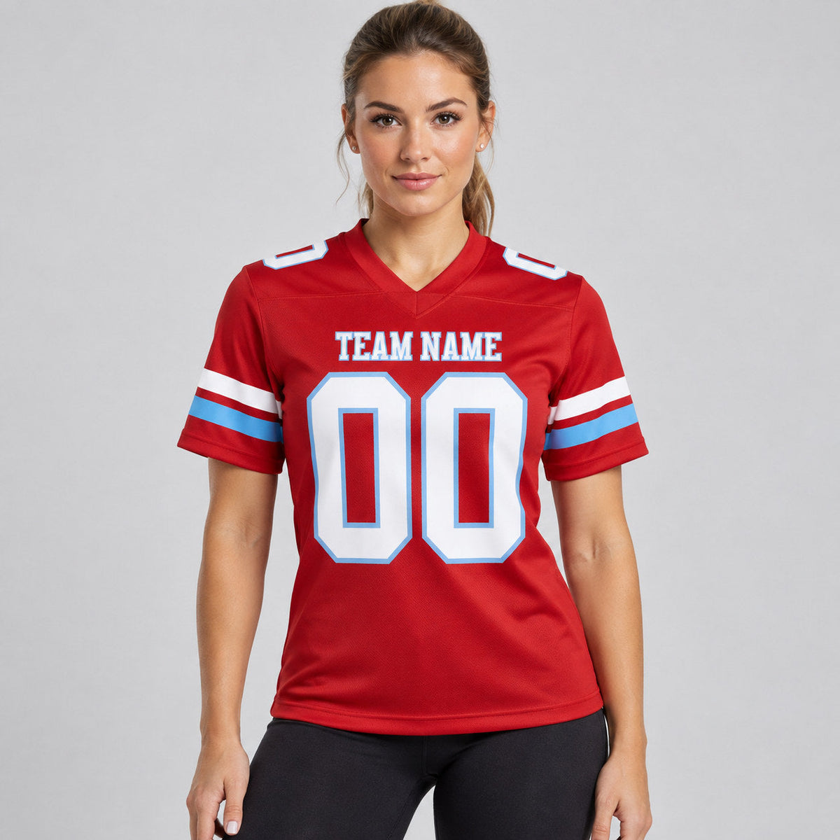 Custom Red Authentic Football Jersey with White and Light Blue Lettering Design 0898 worn by female model