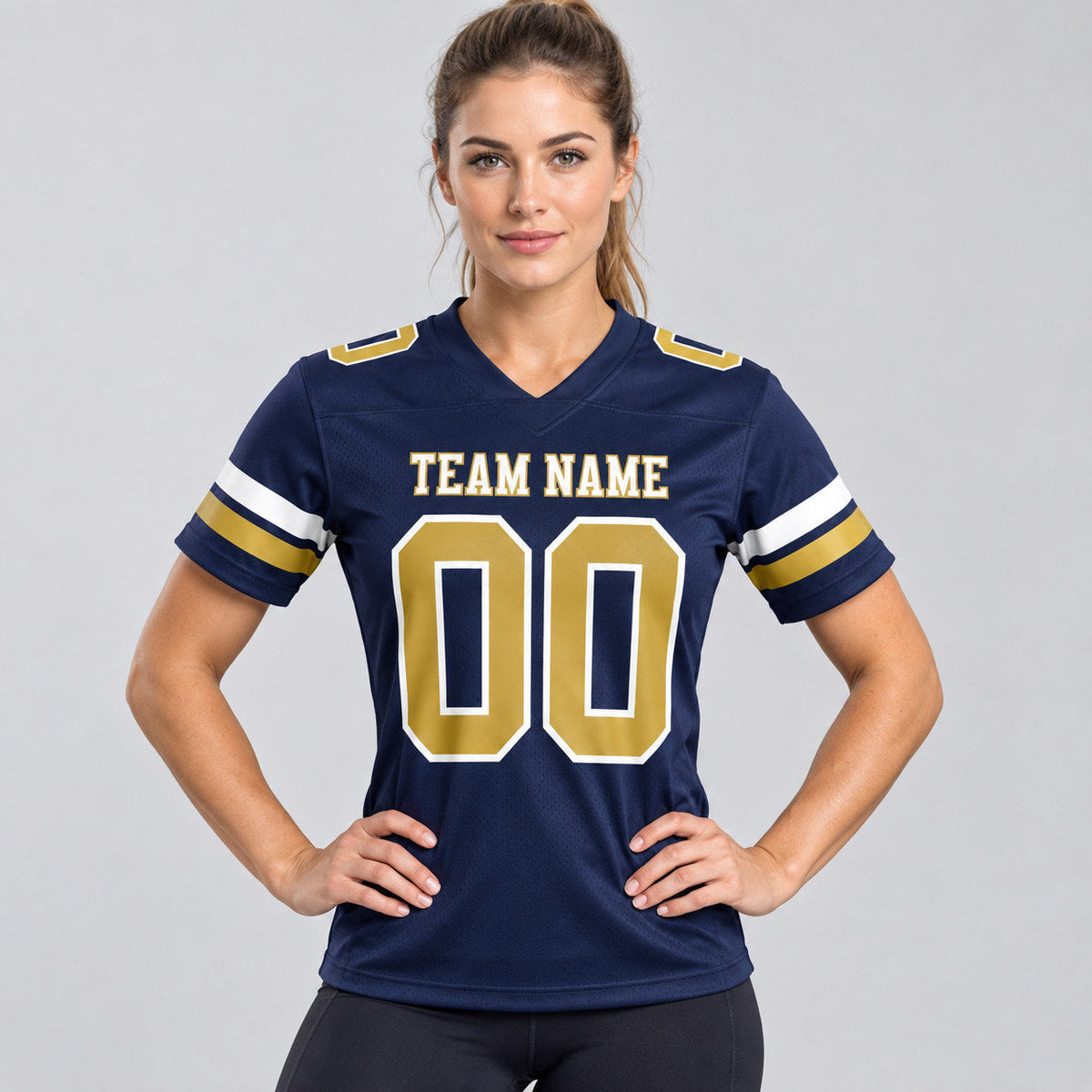Custom Navy Authentic Football Jersey with Old Gold and White Lettering worn by female model