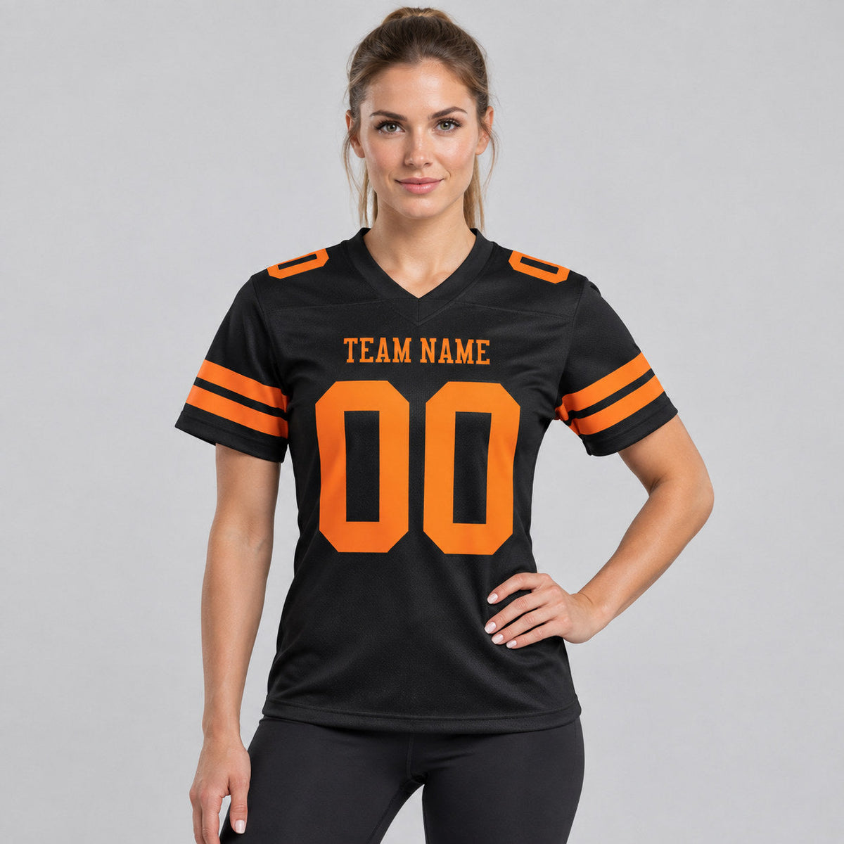 Custom Black Authentic Football Jersey with Bay Orange Lettering worn by female model