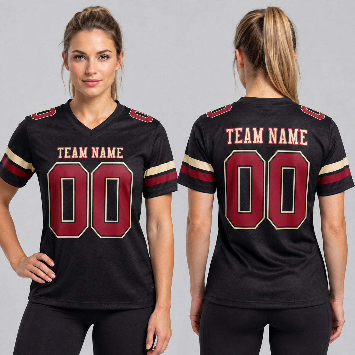 Custom Black Authentic Football Jersey with Cardinal and Cream Lettering worn by female model