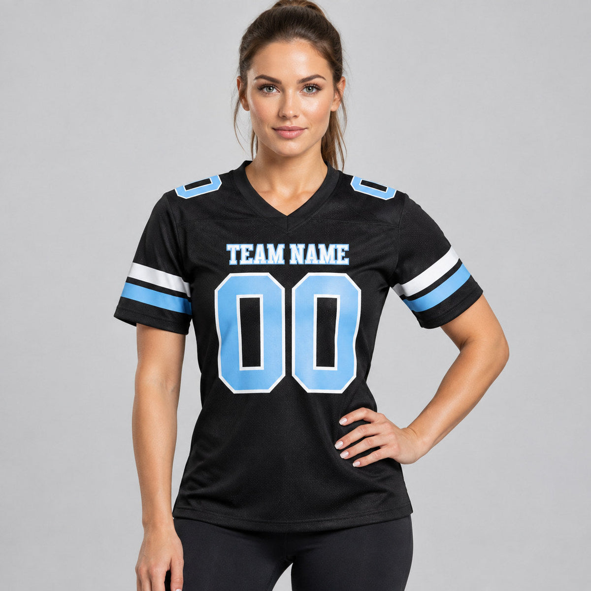 Custom Black Authentic Football Jersey with Light Blue and White Lettering worn by female model