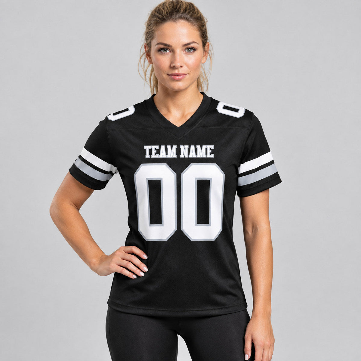 Custom Black Authentic Football Jersey with White and Gray Lettering Design 2926 worn by female model