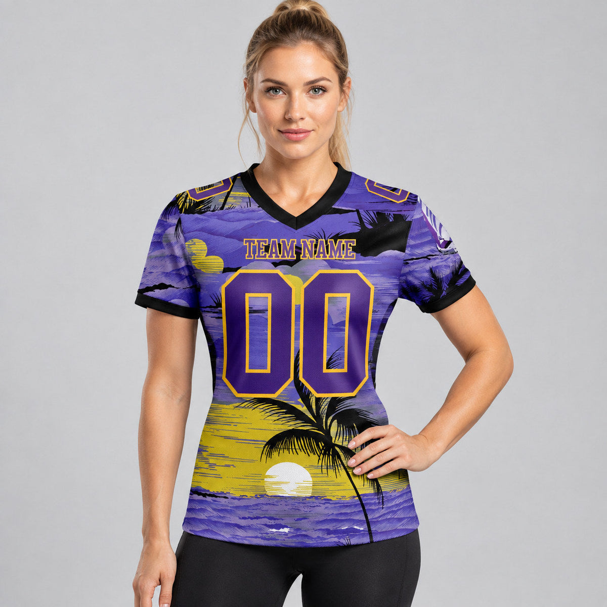 Custom Purple Sun Beach Hawaii Palm Trees Authentic Football Jersey with Black and Yellow Lettering worn by female model