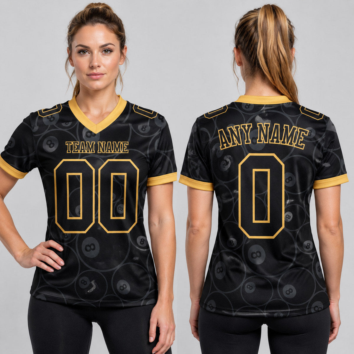 Custom Black 8 Ball Authentic Football Jersey with Old Gold Lettering worn by female model