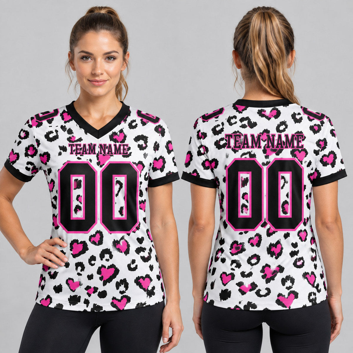 Custom White Leopard Print Authentic Football Jersey with Black and Pink Lettering worn by female model