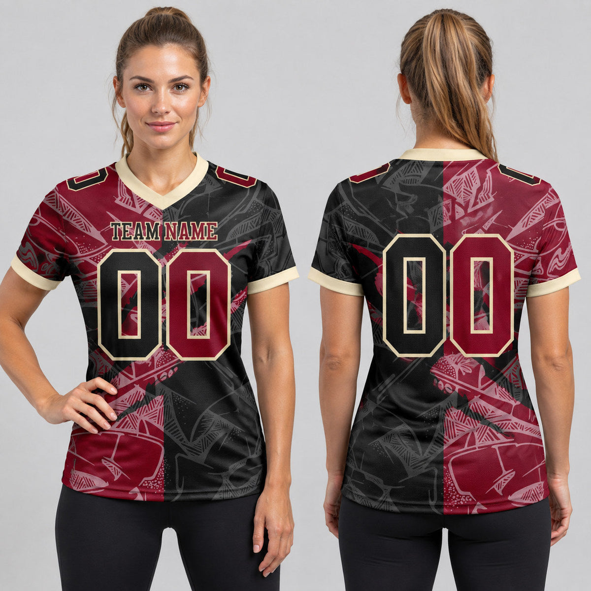 Custom Black Gradient Scratch Authentic Football Jersey with Crimson and Cream Lettering worn by female model