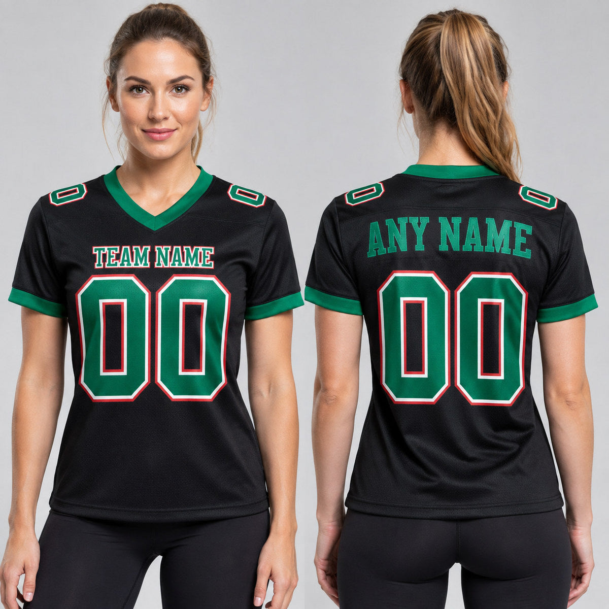 Custom Black and Kelly Green Mexico Authentic Football Jersey with White and Red Lettering worn by female model