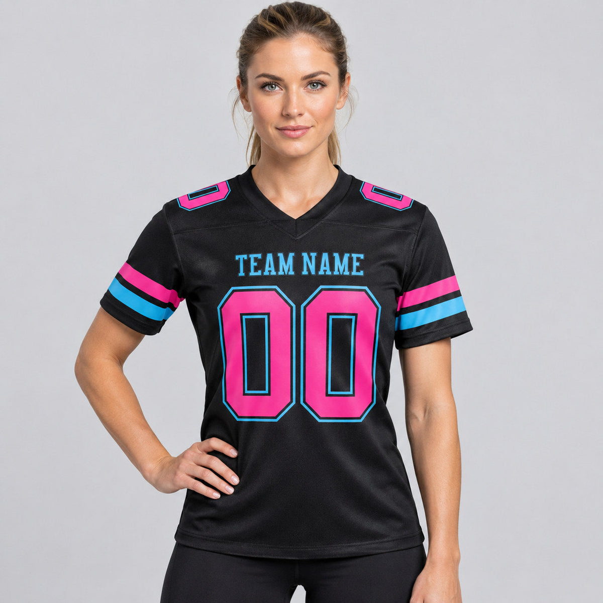 Custom Black Authentic Football Jersey with Pink and Sky Blue Lettering Design 2915 worn by female model