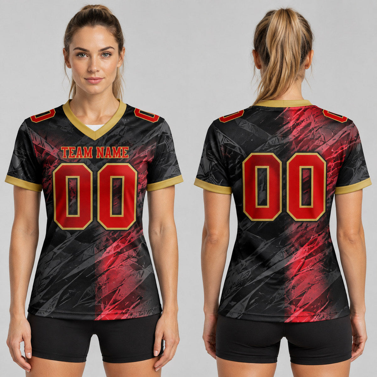 Custom Black Gradient Scratch Authentic Football Jersey with Red and Old Gold Lettering worn by female model