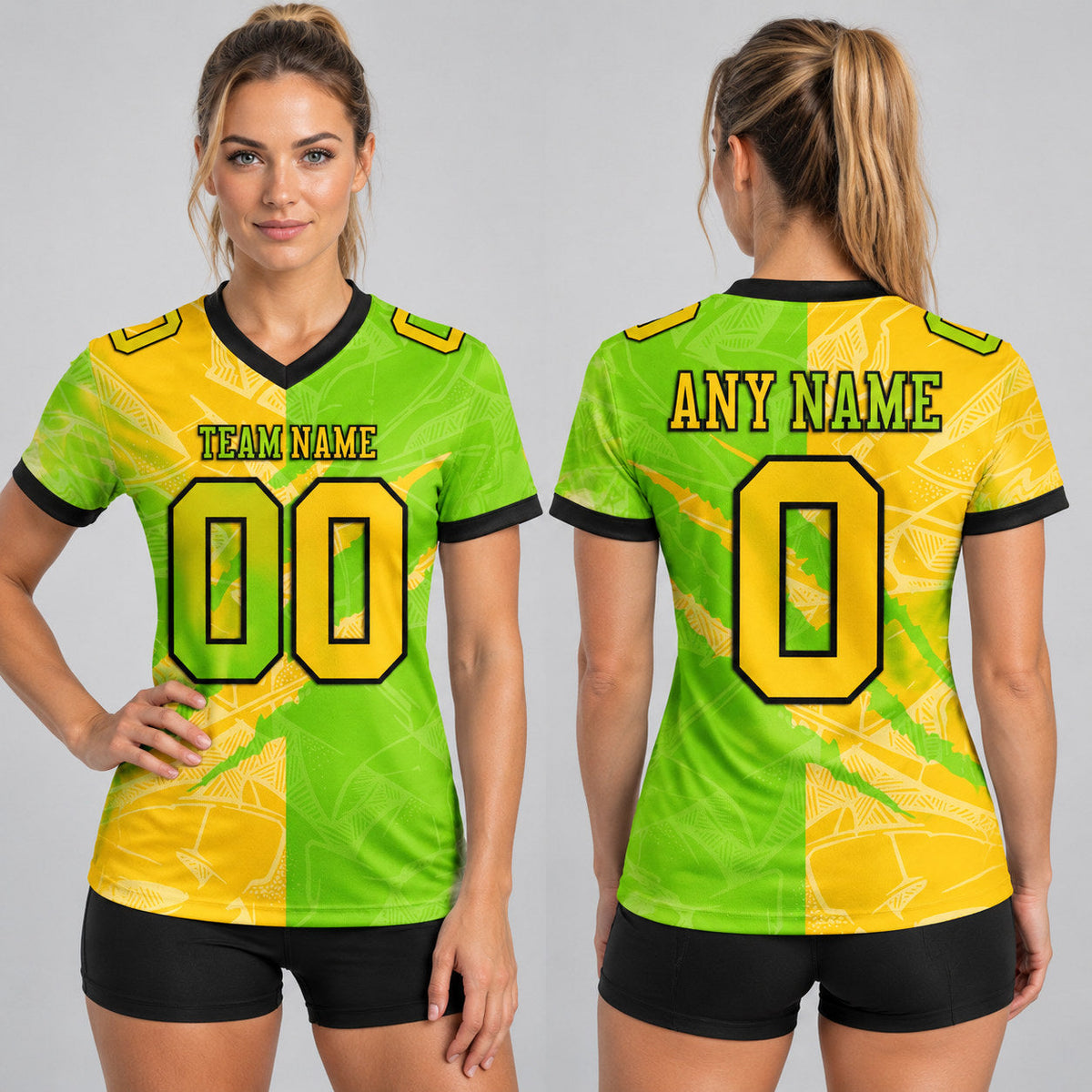 Custom Neon Green Gradient Scratch Authentic Football Jersey with Yellow and Black Lettering worn by female model