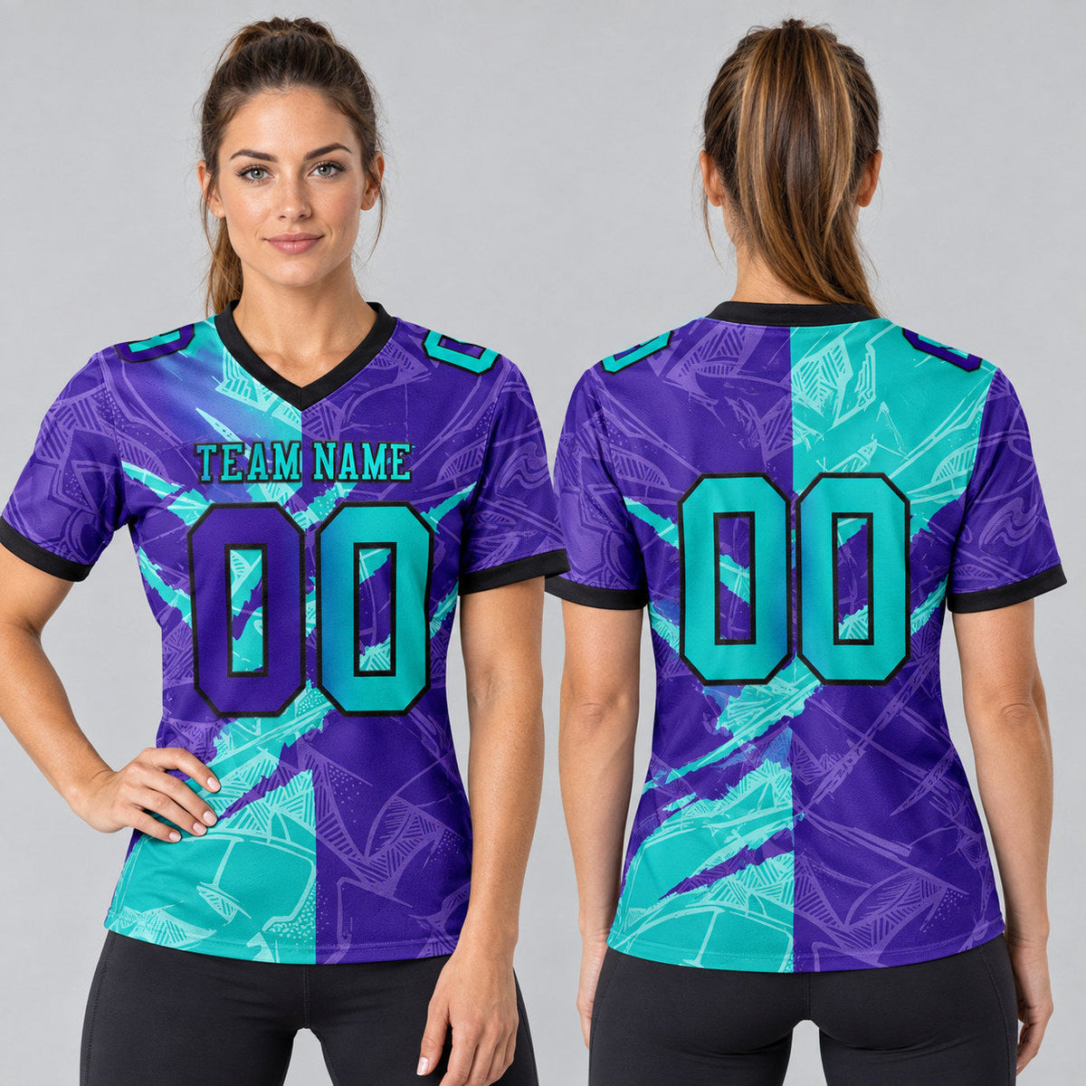 Custom Purple Gradient Scratch Authentic Football Jersey with Aqua and Black Lettering worn by female model