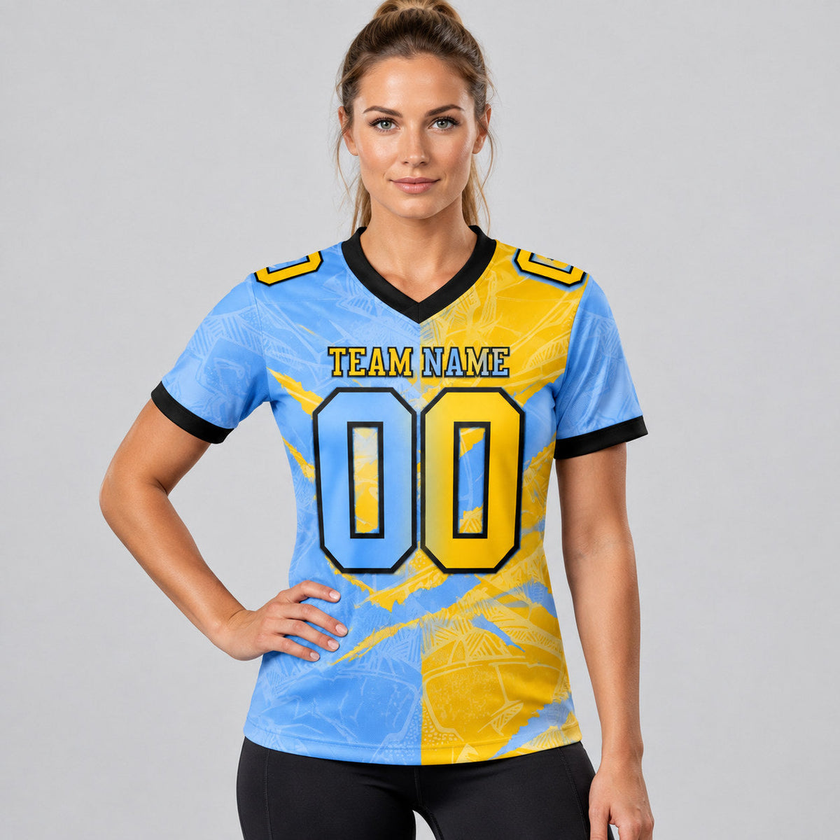 Custom Light Blue Gradient Scratch Authentic Football Jersey with Yellow and Black Lettering worn by female model