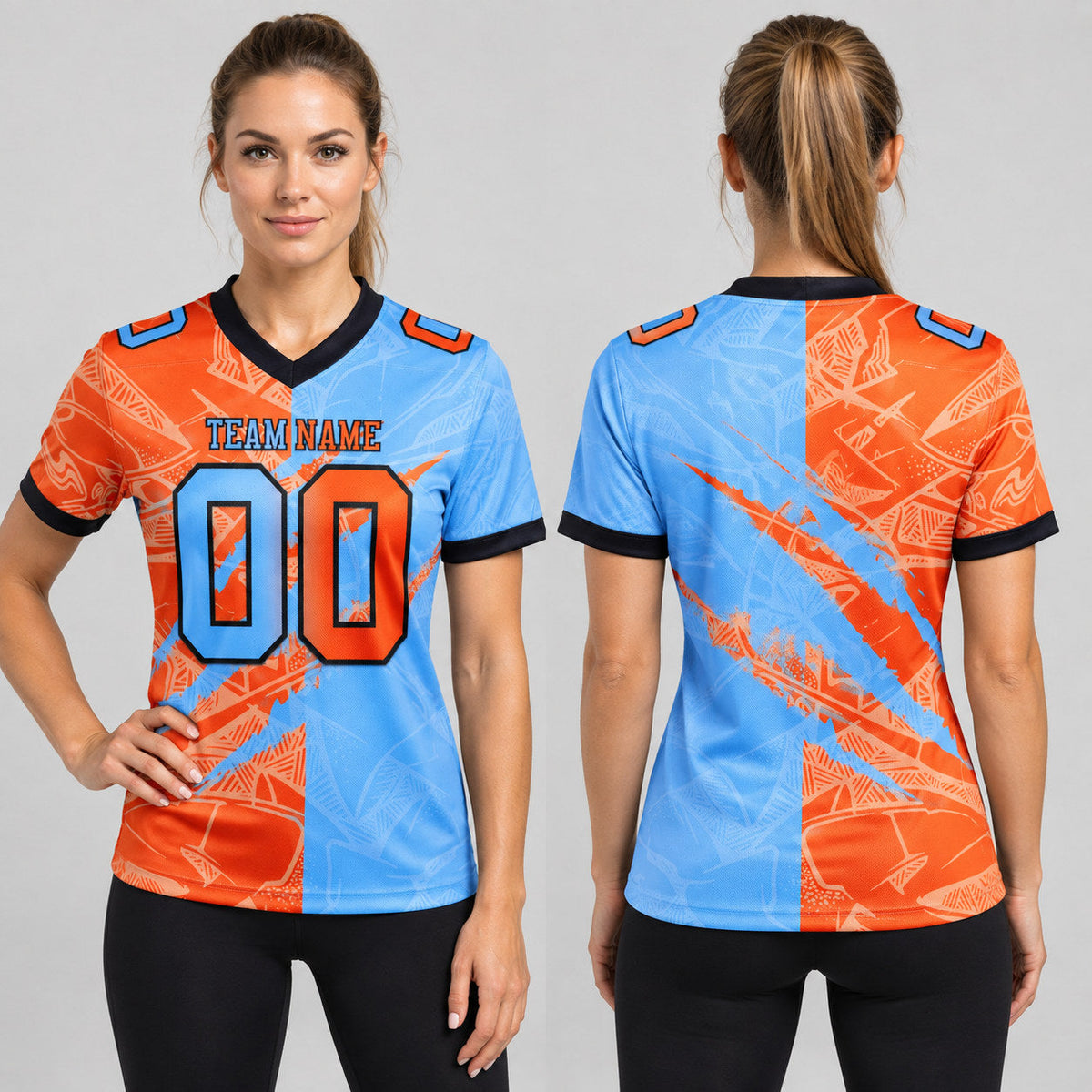 Custom Light Blue Gradient Scratch Authentic Football Jersey with Orange and Black Lettering worn by female model