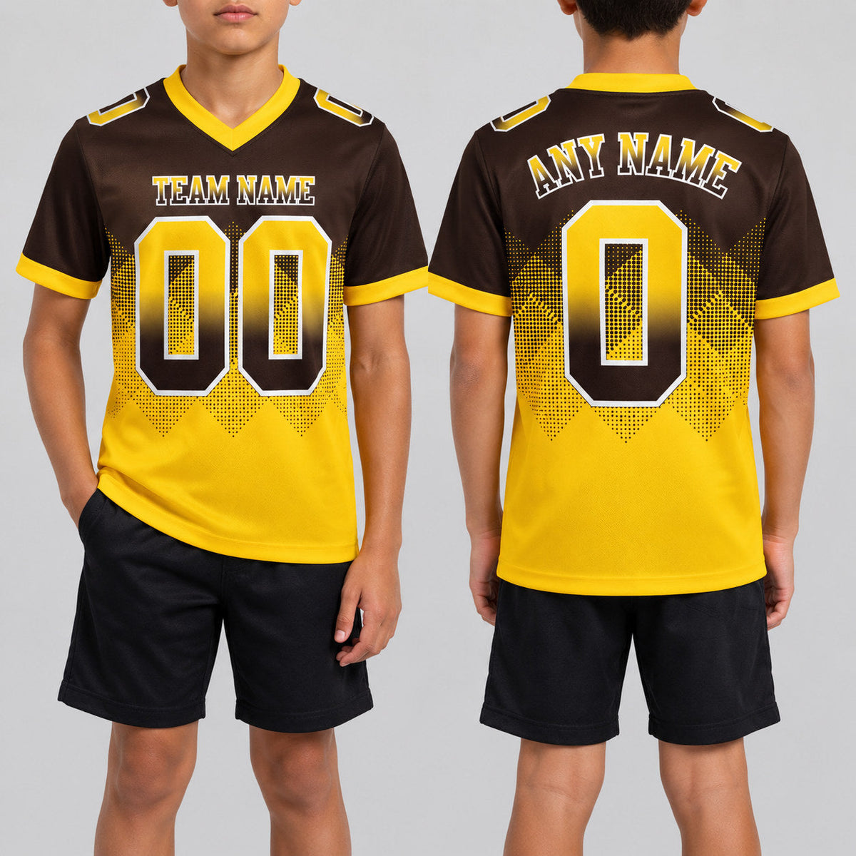 Custom Brown Gradient Square Shape 7v7 Flag Football Jersey with Yellow and White Lettering youth size worn by child model