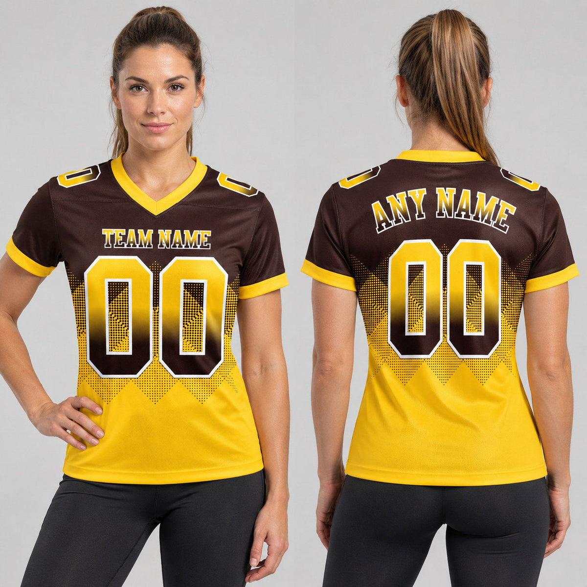 Custom Brown Gradient Square Shape 7v7 Flag Football Jersey with Yellow and White Lettering worn by female model
