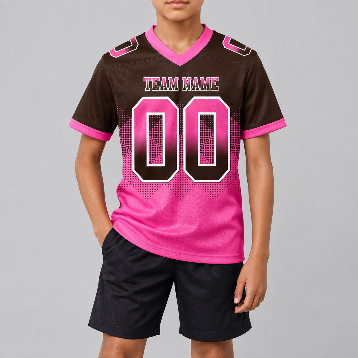 Custom Brown Gradient Square Shape Authentic 7v7 Flag Football Jersey with Pink and White Lettering youth size worn by child model