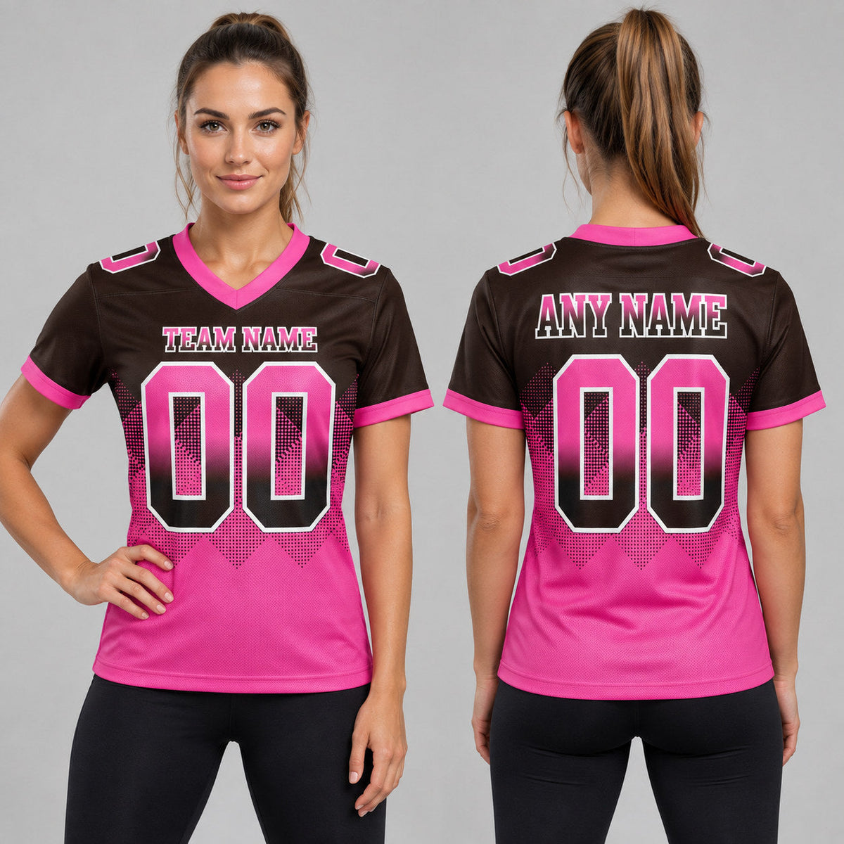Custom Brown Gradient Square Shape Authentic 7v7 Flag Football Jersey with Pink and White Lettering worn by female model