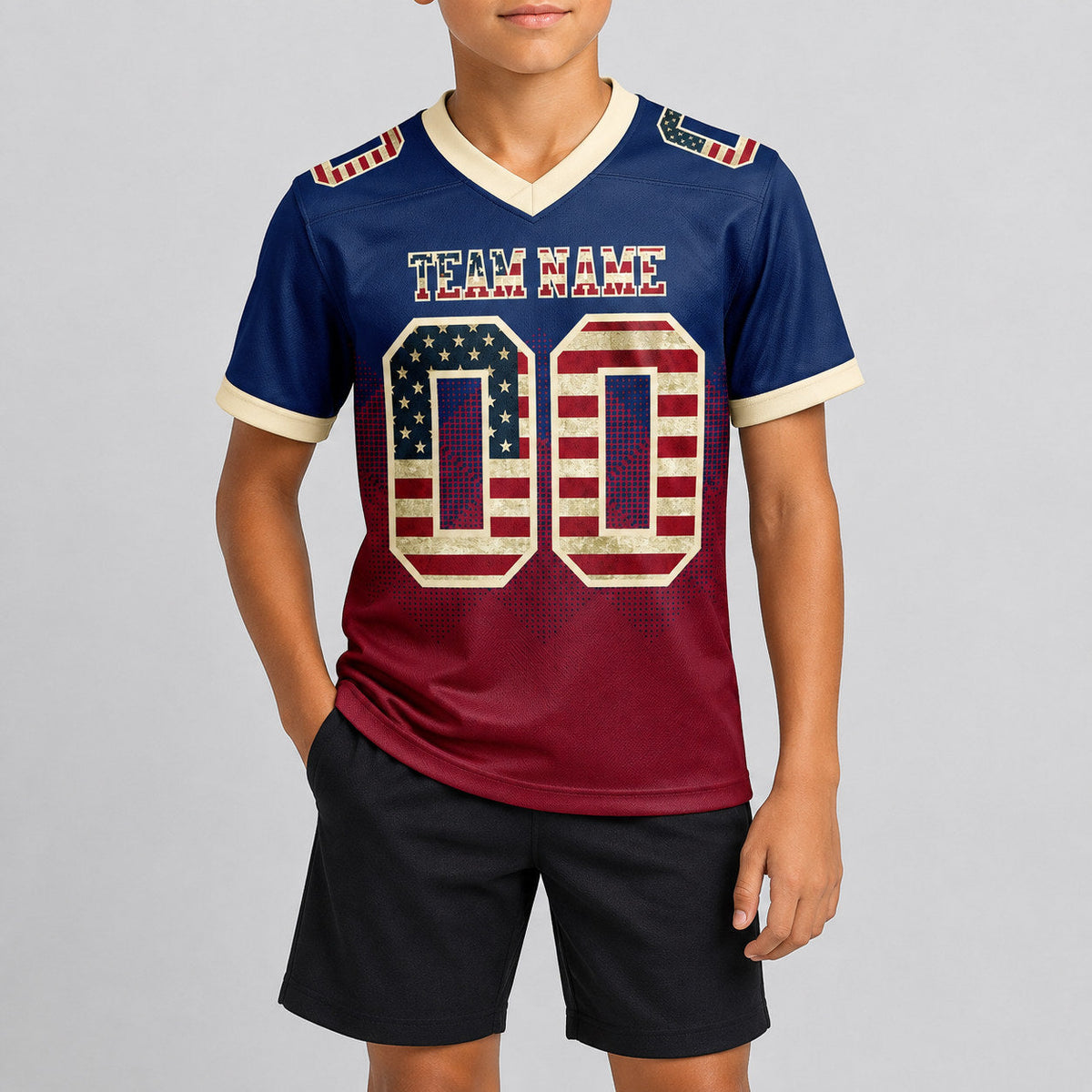 Custom Navy Vintage USA Flag Authentic 7v7 Flag Football Jersey with Crimson and Cream Lettering youth size worn by child model