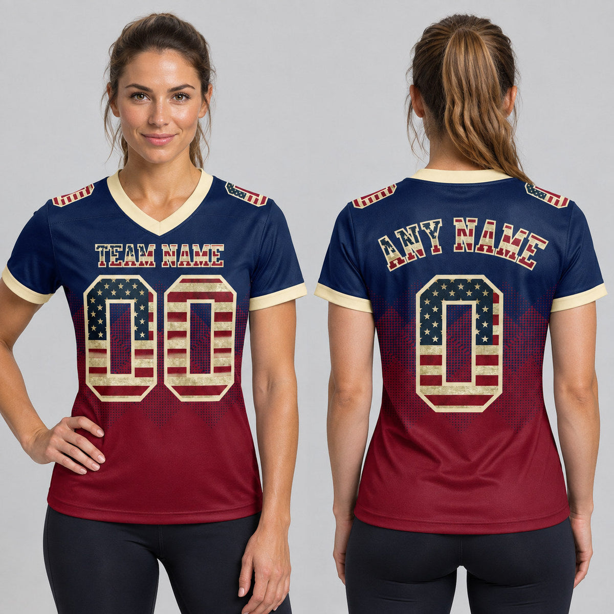 Custom Navy Vintage USA Flag Authentic 7v7 Flag Football Jersey with Crimson and Cream Lettering worn by female model
