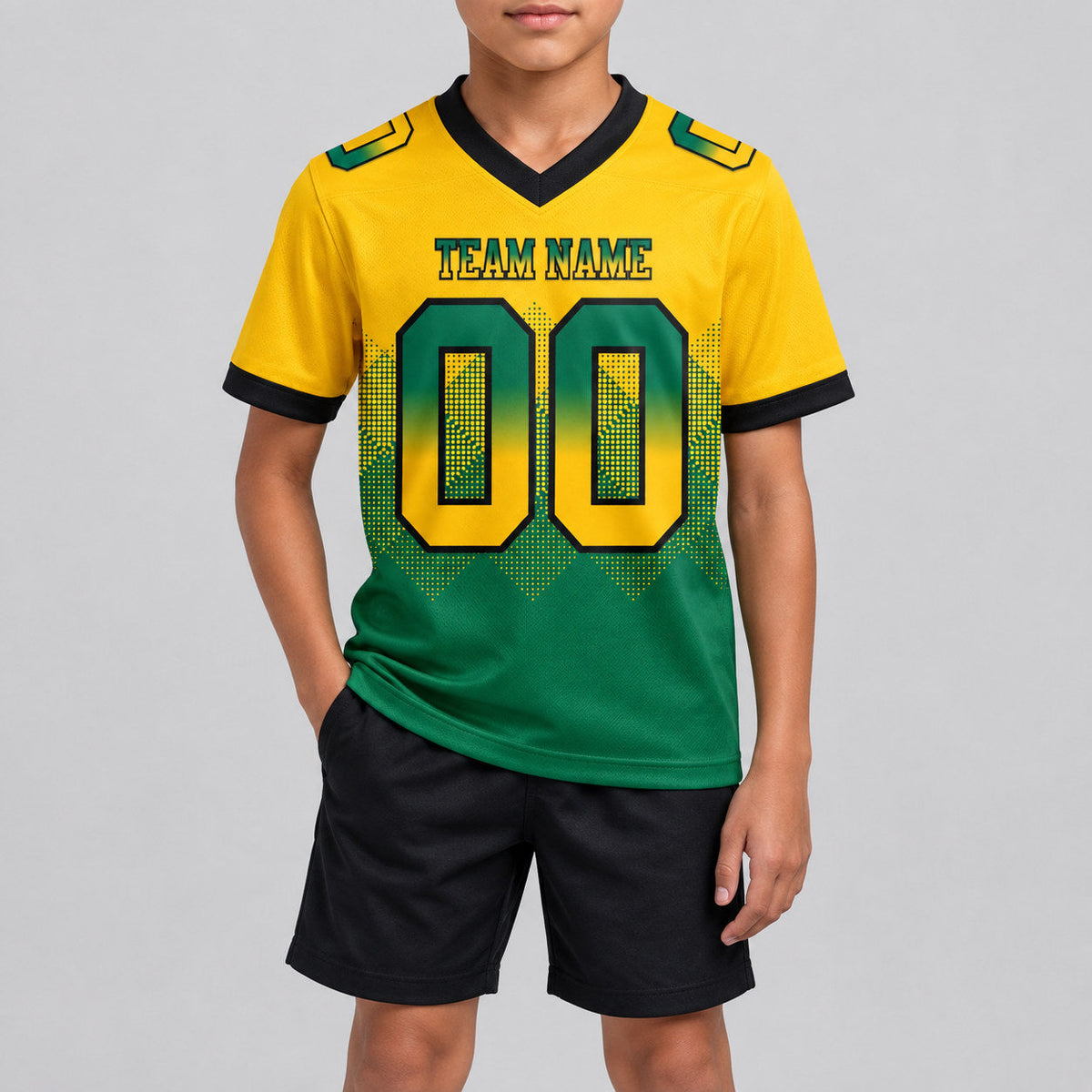 Custom Yellow Gradient Square Shape 7v7 Flag Football Jersey with Kelly Green and Black Lettering youth size worn by child model
