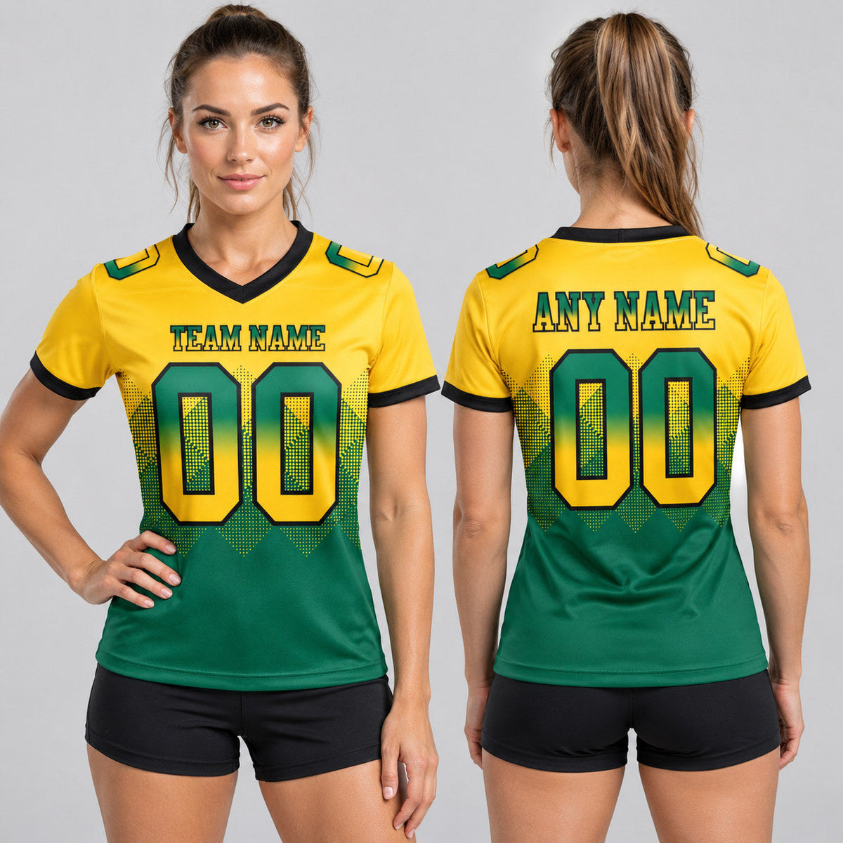 Custom Yellow Gradient Square Shape 7v7 Flag Football Jersey with Kelly Green and Black Lettering worn by female model