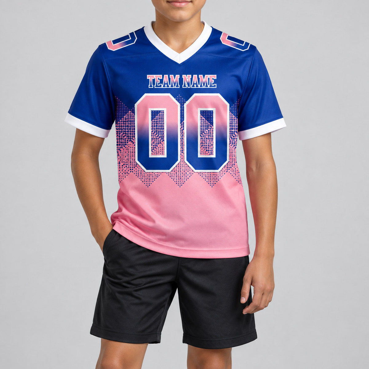 Custom Royal Gradient Square Shape 7v7 Flag Football Jersey with Medium Pink and White Lettering youth size worn by child model