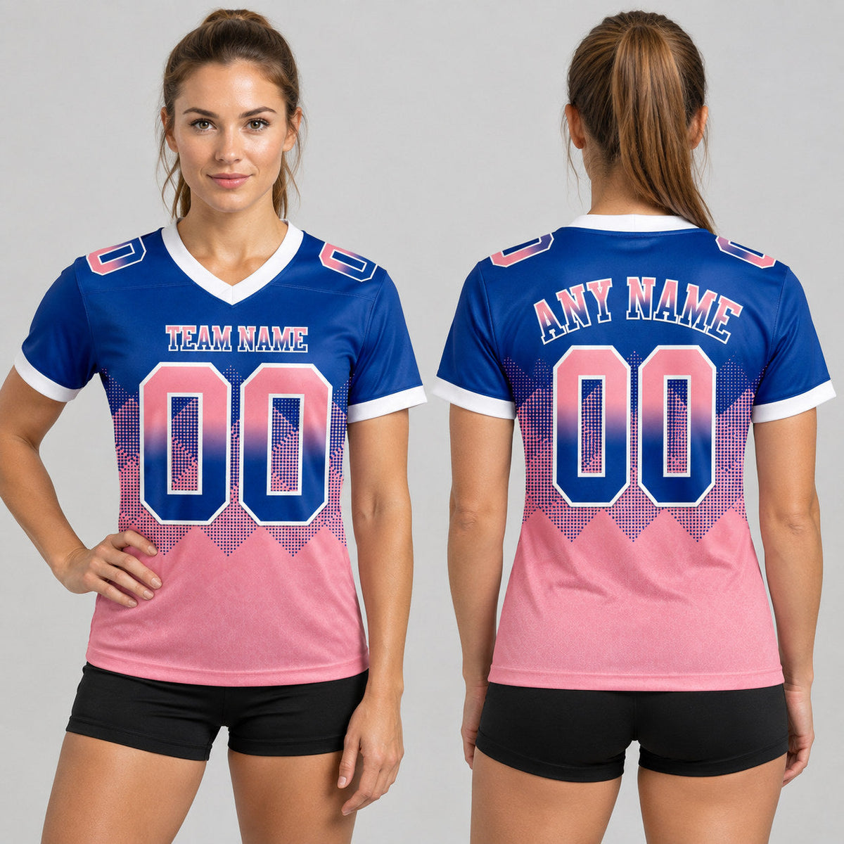 Custom Royal Gradient Square Shape 7v7 Flag Football Jersey with Medium Pink and White Lettering worn by female model
