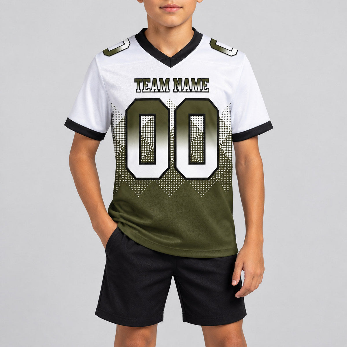 Custom White Gradient Square Shape Authentic 7v7 Flag Football Jersey with Olive and Black Lettering youth size worn by child model