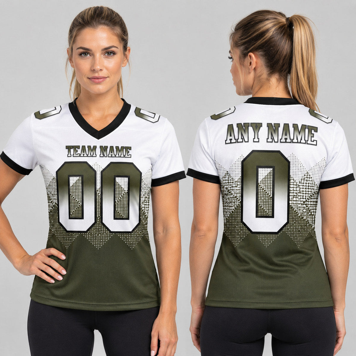 Custom White Gradient Square Shape Authentic 7v7 Flag Football Jersey with Olive and Black Lettering worn by female model
