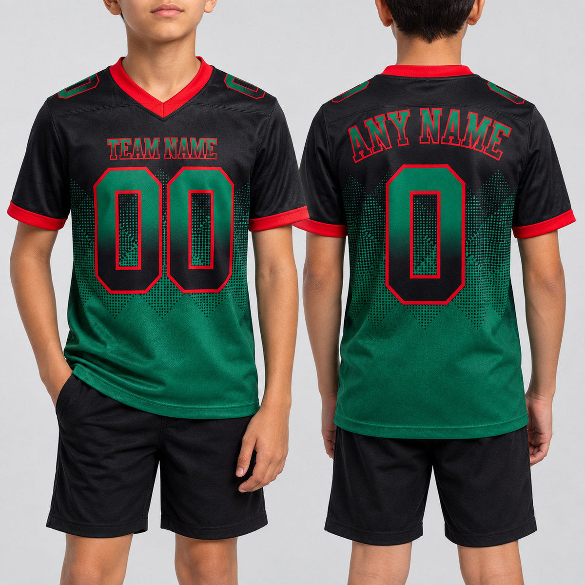 Custom Black Gradient Square Shape 7v7 Flag Football Jersey with Kelly Green and Red Lettering youth size worn by child model