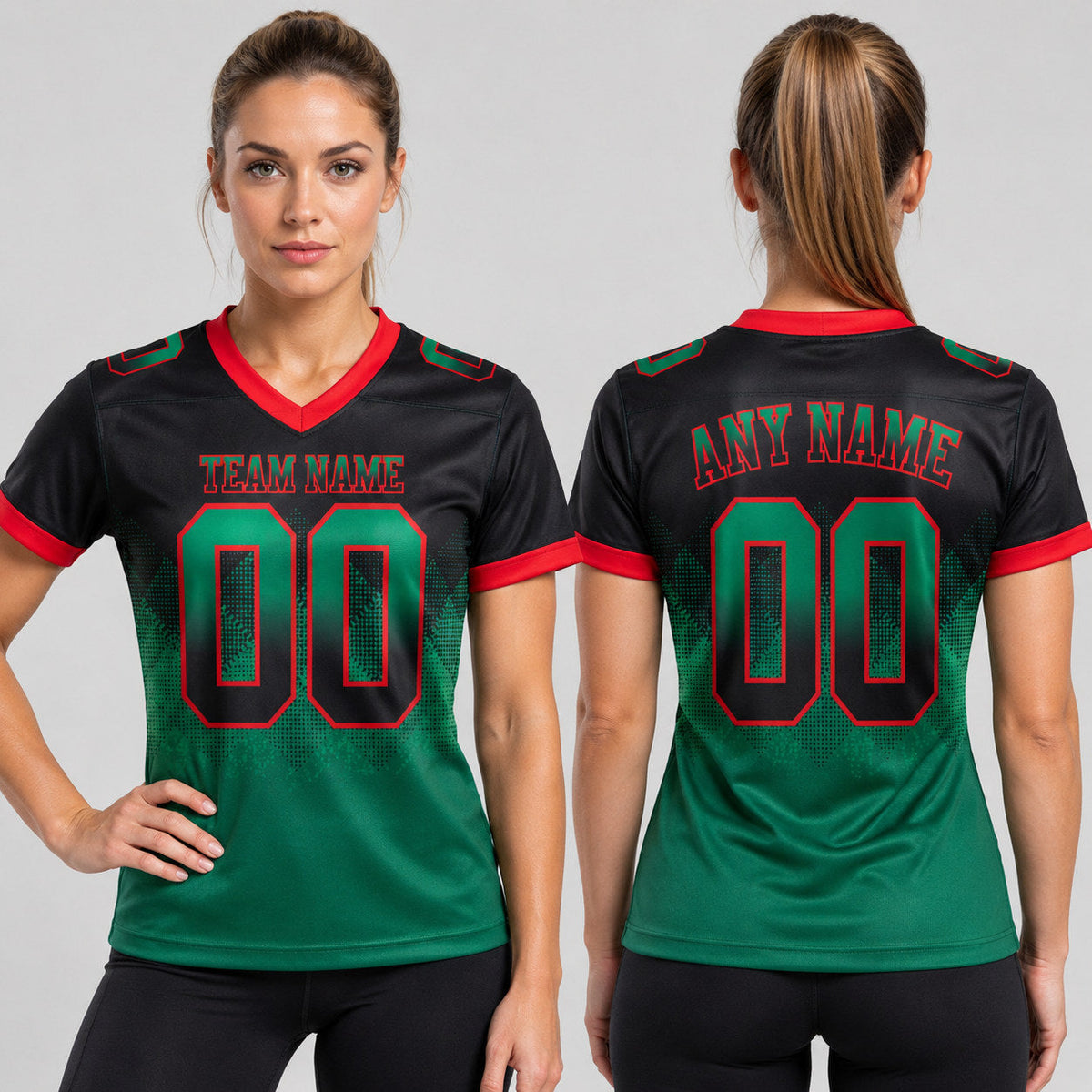 Custom Black Gradient Square Shape 7v7 Flag Football Jersey with Kelly Green and Red Lettering worn by female model