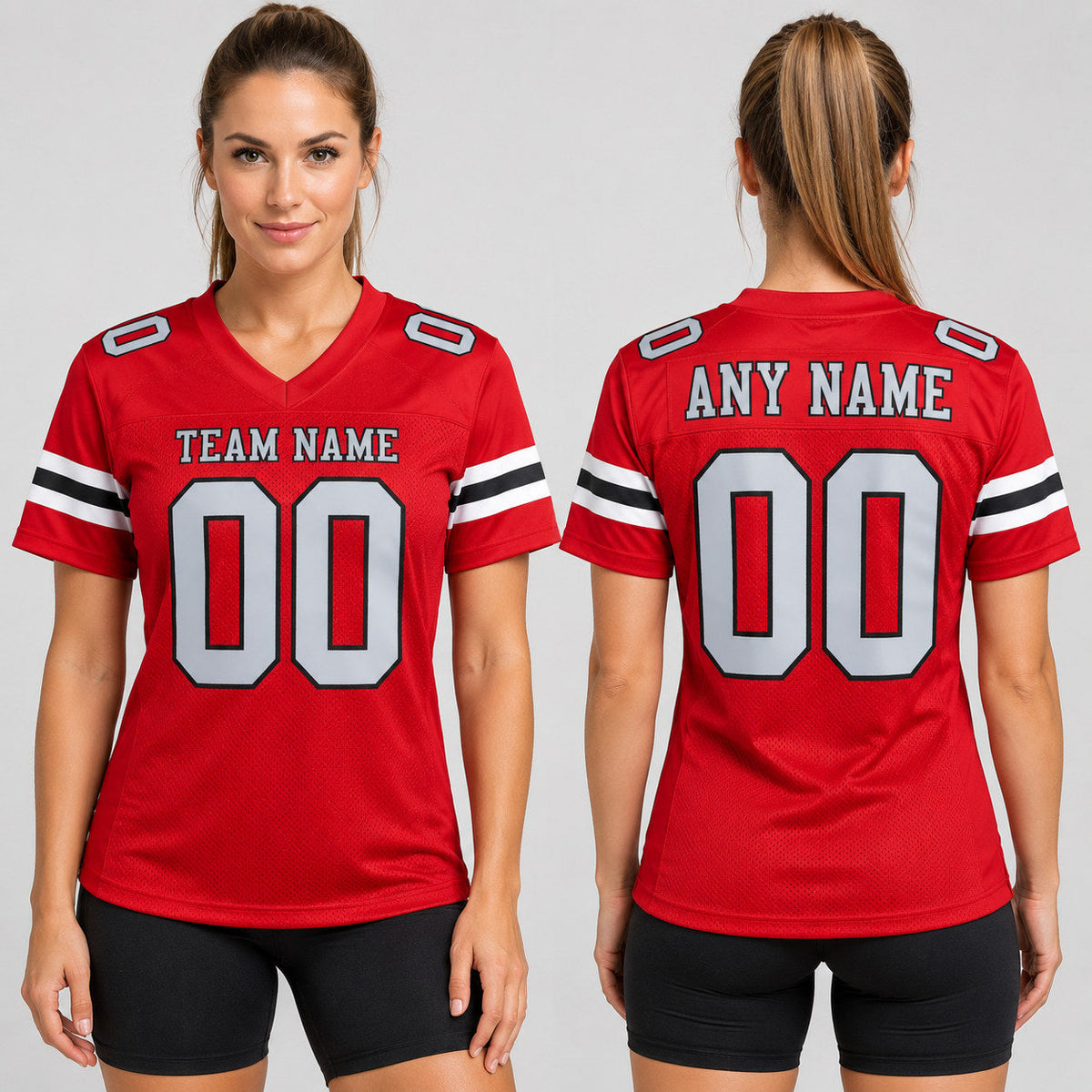 Custom Red Mesh Authentic Football Jersey with Gray and Black Lettering worn by female model