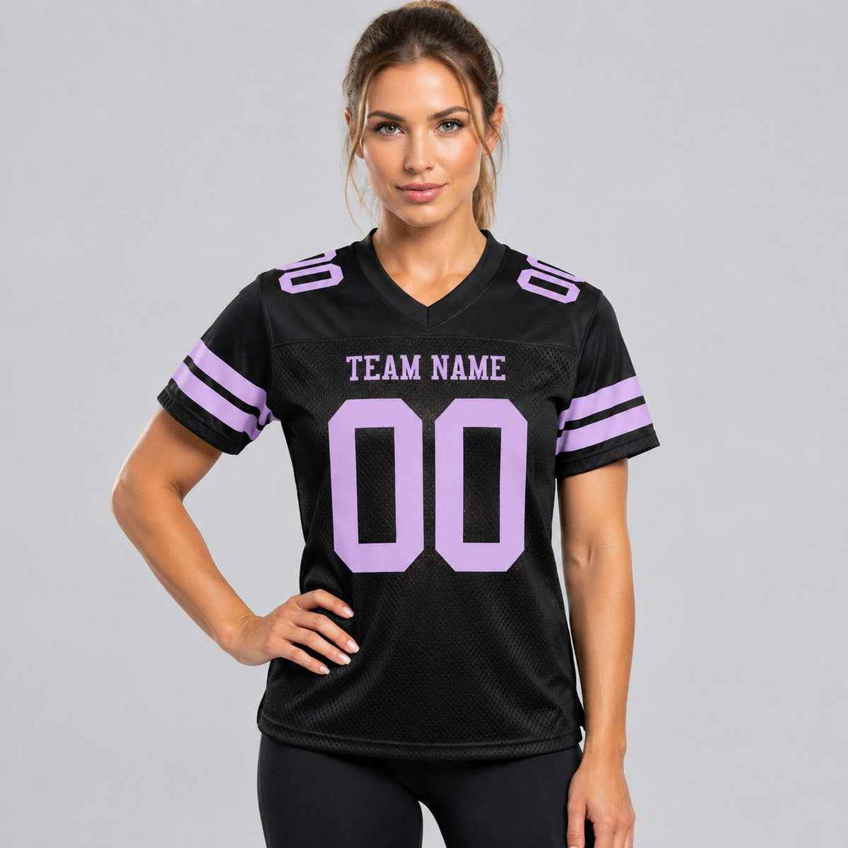 Custom Black Mesh Authentic Football Jersey with Light Purple Lettering worn by female model