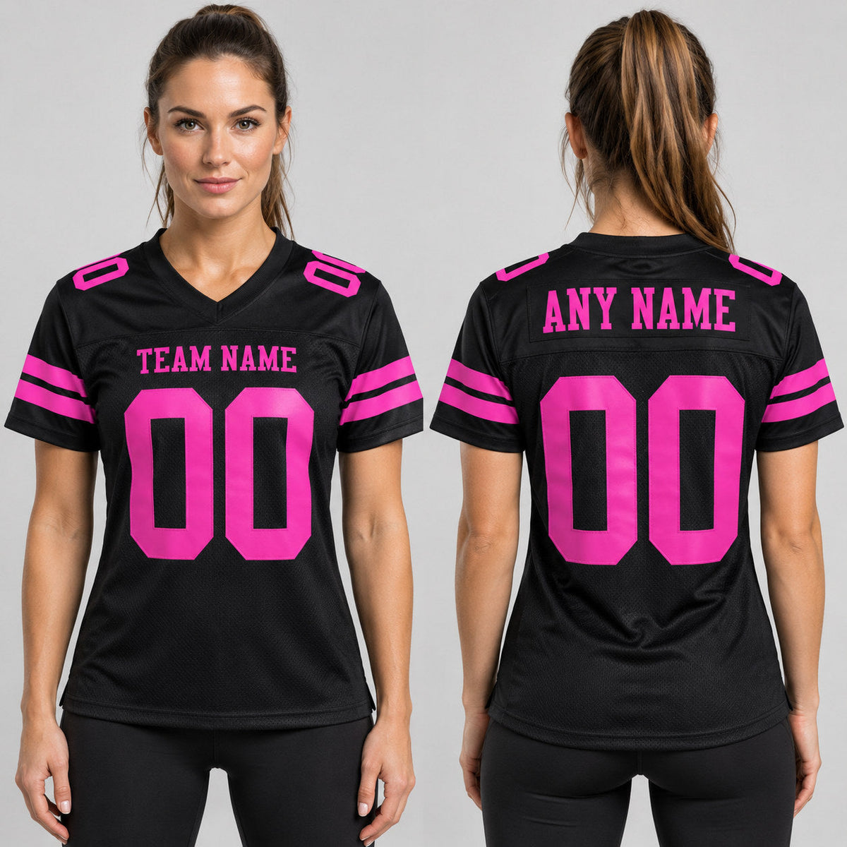 Custom Black Mesh Authentic Football Jersey with Deep Pink Lettering worn by female model
