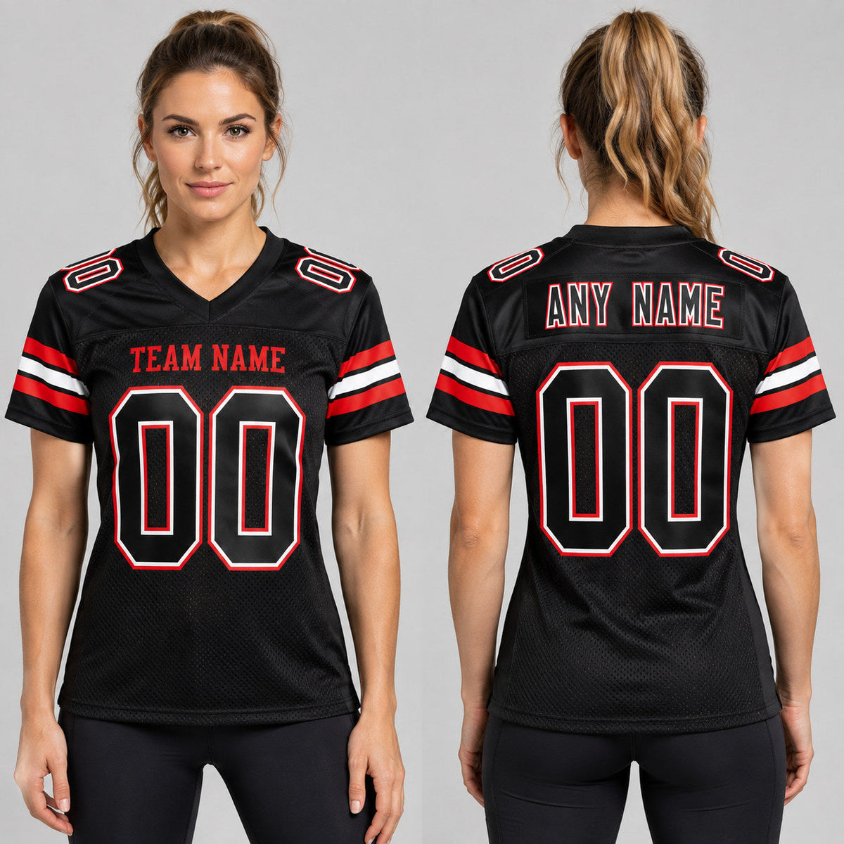 Custom Black Mesh Authentic Football Jersey with White and Red Lettering Design 2498 worn by female model