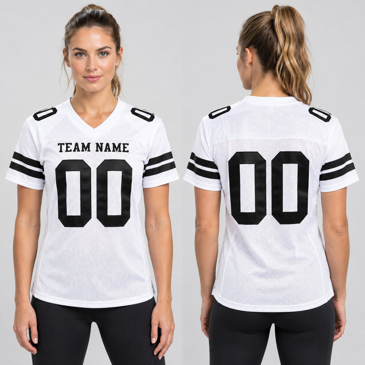 Custom White Mesh Authentic Football Jersey with Black Lettering Design 2090 worn by female model