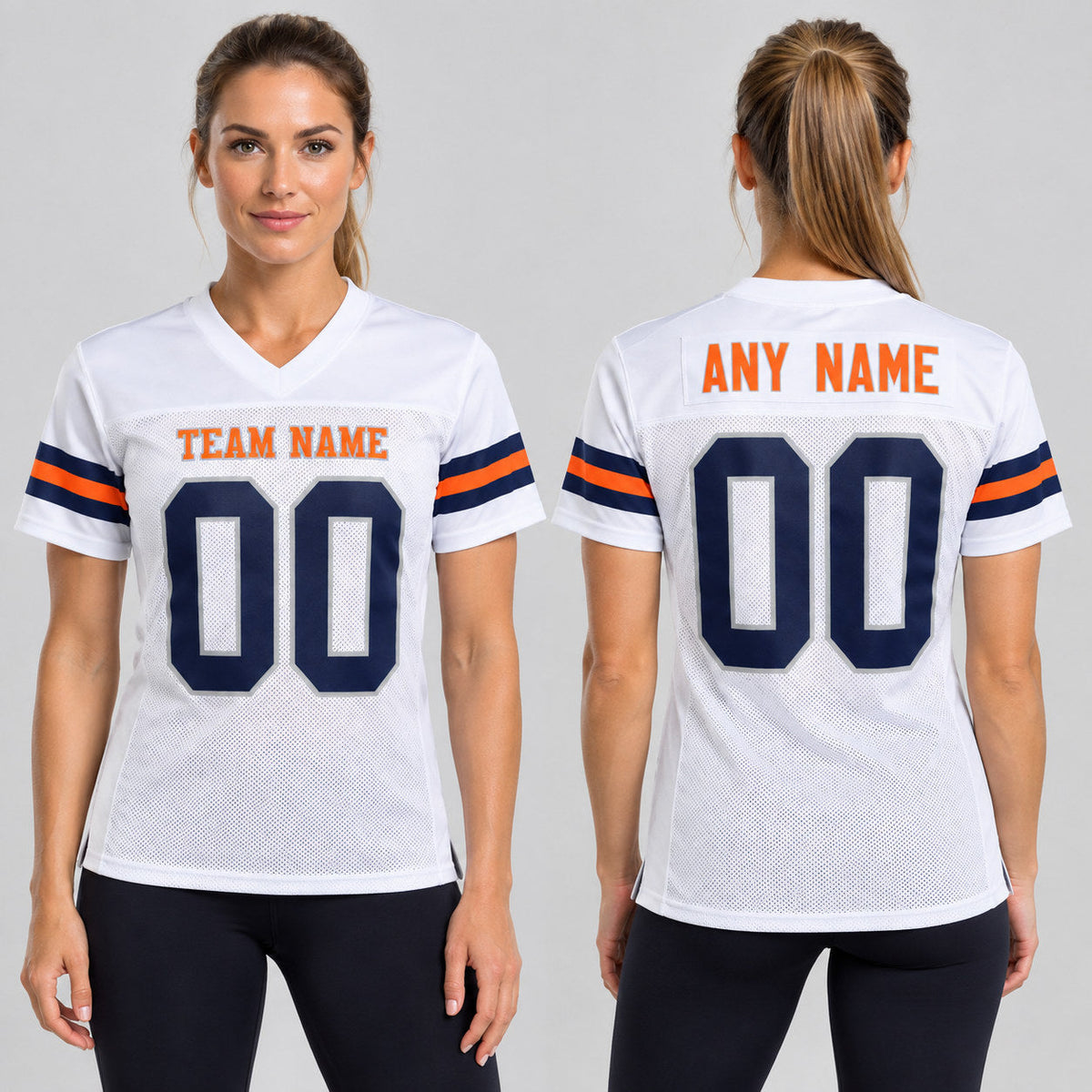 Custom White and Navy Mesh Authentic Football Jersey with Gray and Orange Lettering worn by female model