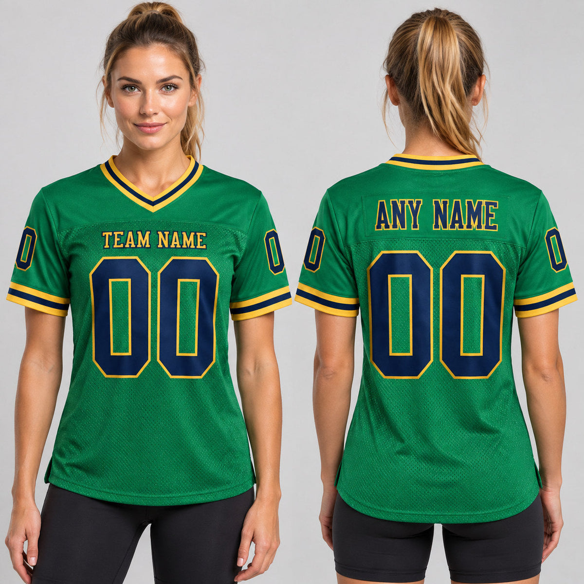 Custom Grass Green Mesh Authentic Football Jersey with Navy and Old Gold Lettering worn by female model