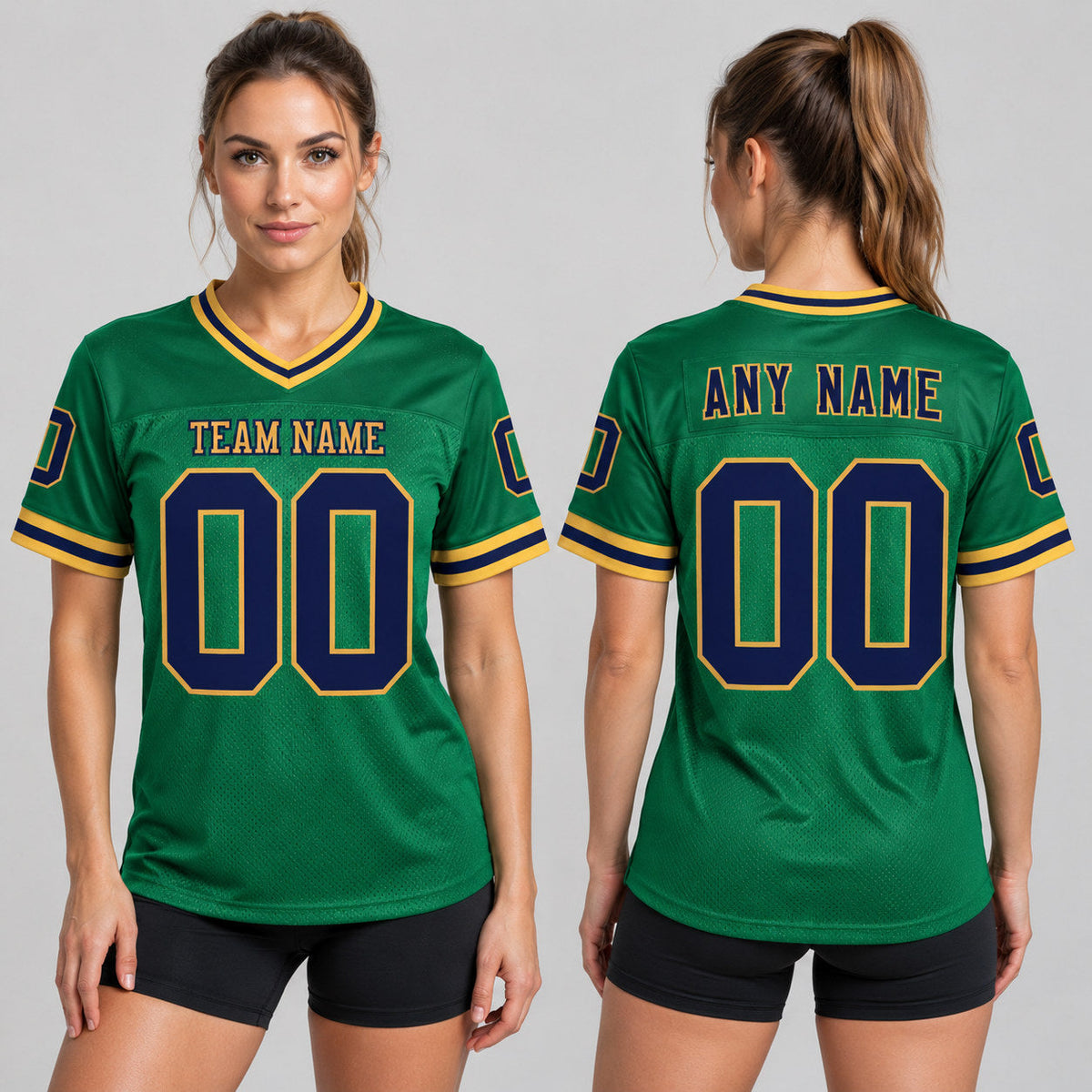 Custom Kelly Green Mesh Authentic Football Jersey with Navy and Old Gold Lettering worn by female model